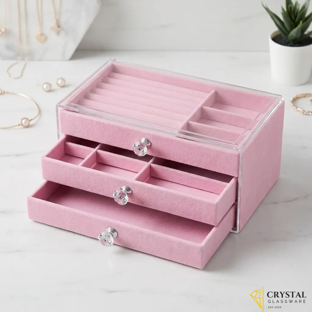 Acrylic jewelry organizer with three pink velvet drawers